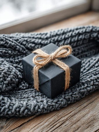 A tiny black gift box adorned with a rustic twine bow rests on soft gray knitting, illuminated by...