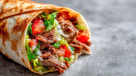 Juicy grilled beef nestled among crisp vegetables and drizzled with a smooth, velvety sauce, all wrapped in a soft tortilla, set on a rustic stone backdrop.の写真素材