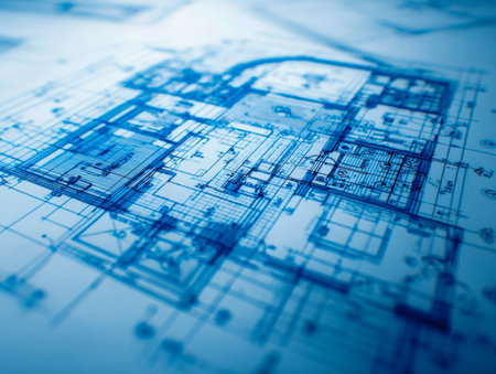 A precise top-view illustration of a contemporary home?s structural layout, highlighting detailed measurements and design elements in cool blue hues.の写真素材