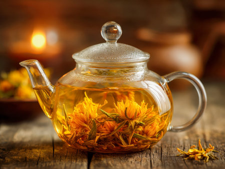 Delicate blossoms of vibrant orange chrysanthemums unfold within a clear glass vessel, infusing fragrant herbal warmth amidst a cozy, rustic setting bathed in golden light.の写真素材
