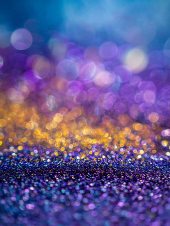 A lively blend of purple and gold shimmering spots forms a captivating backdrop, evoking...