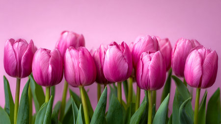 Bright pink tulips with rich green foliage create a striking, graceful display on a gentle pink backdrop, evoking freshness and seasonal renewal.の写真素材