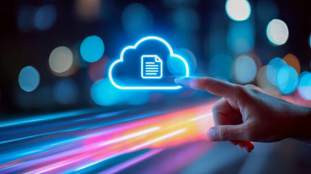 A futuristic scene featuring a hand reaching out to a luminous cloud symbol, surrounded by vibrant trail lights, illustrating seamless digital exchange and connectivの写真素材