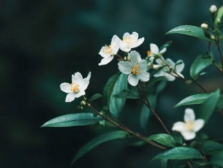A cluster of fragile white flowers with striking yellow centers bloom along graceful branches, nestled among lush green foliage, set against a moody, softly blurredの写真素材