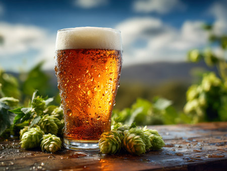 A crisp, golden brew glowing in a frosty glass, set atop weathered wood and edged with vibrant hop cones, beneath a bright, sunlit sky and lush scenery.の写真素材