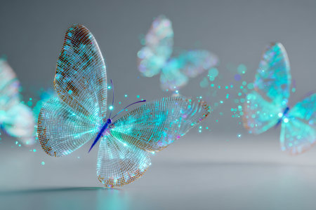 Luminous cybernetic butterflies with detailed geometric wings scatter shimmering particles against a gentle backdrop, creating an avant-garde, high-tech visual impreの写真素材