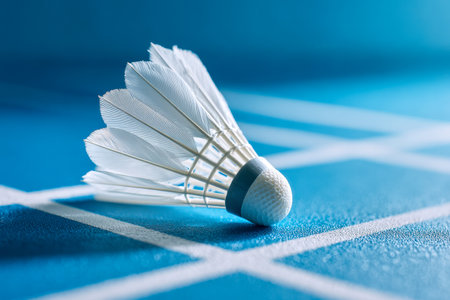 A delicate, feathered projectile rests gently on a textured blue playing surface, highlighted by subtle natural light and crisp white boundary accents.の写真素材