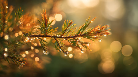 A tranquil scene captures a pine branch shimmering with tiny dew droplets, bathed in gentle golden...
