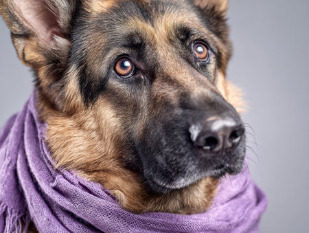 A handsome German shepherd with soulful eyes gazes into the distance, wrapped in a soft lavender scarf that enhances its attentive and gentle expression, set againstの写真素材