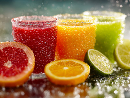 Bright, colorful beverages sparkle with lively bubbles, paired with freshly sliced citrus fruits, creating an inviting, zestful scene perfect for summer refreshment.の写真素材