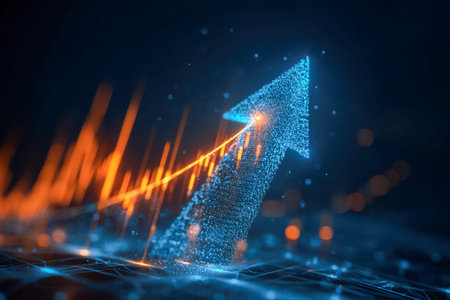 A vibrant, tech-inspired arrow crafted from shimmering particles streaks upward against a dark...