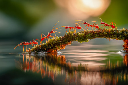 Tiny crimson insects traverse a verdant, mossy stem arching over tranquil waters, shimmering reflections under a gentle sunset glow in peaceful wilderness.の写真素材