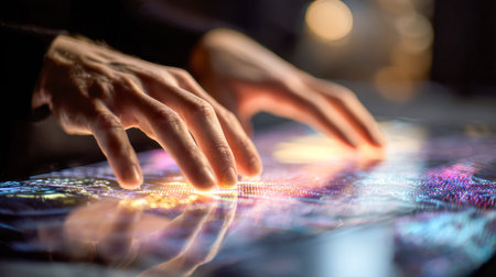 A individual engages with an advanced, glowing digital display, illuminating a dim setting with...