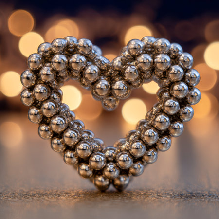A glossy, silver heart composed of reflective spheres rests on a smooth surface, illuminated by gentle golden bokeh glows creating a romantic and elegant ambiance.の写真素材