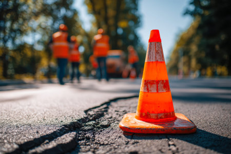 A vivid orange traffic cone stands prominently, signaling a damaged pavement patch beneath a cloudy...