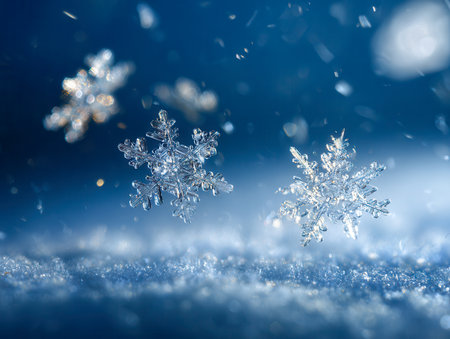 Delicate ice crystals drift softly through a pale blue winter haze, showcasing detailed, shimmering patterns perfect for seasonal or natural decor themes.の写真素材