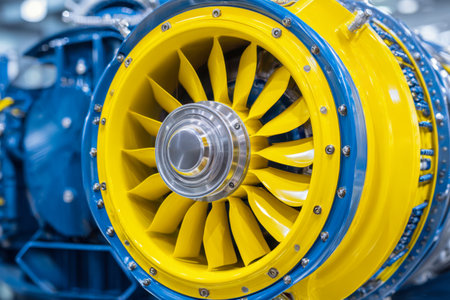 A vivid close-up reveals vibrant yellow blades and a sleek blue exterior, emphasizing intricate mechanical design and craftsmanship in industrial engineering.の写真素材
