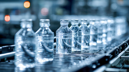 Transparent bottles glide smoothly on a sleek assembly line, bathed in bluish-toned lighting, with a softly blurred backdrop highlighting efficiency and modernity.の写真素材