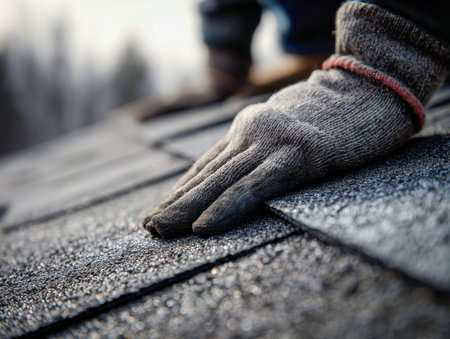 A professional in safety gear closely examines durable, patterned roofing materials atop a house,...