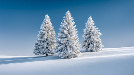 A tranquil winter scene features three evergreen trees cloaked in snow, ascending a gentle, pristine hillside beneath a vivid azure sky on a sunny, peaceful day.の写真素材