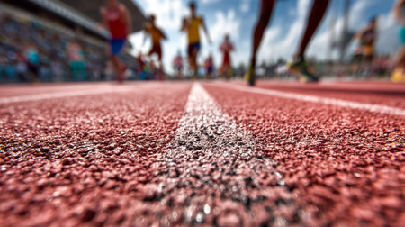 A close-up of a gritty, patterned track surface, with vibrant sunlight highlighting its texture, while energetic athletes race past in the hazy distance.の写真素材