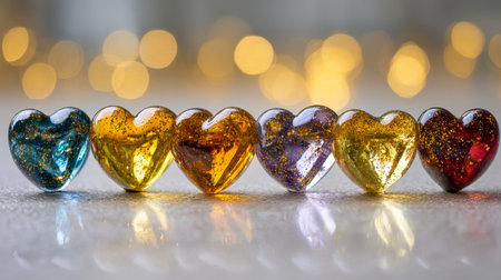 Vibrant heart-shaped glass decorations gleam with glittering accents, mirrored on a sleek surface amid soft, warm bokeh glow, evoking feelings of love and celebratioの写真素材