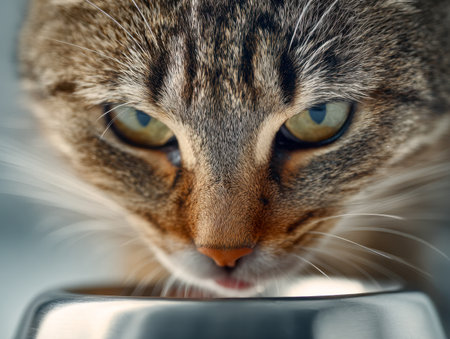A piercing-eyed tabby, with finely striped fur and prominent whiskers, lingers in concentration as it laps water from a polished metallic dish against a softly blurrの写真素材