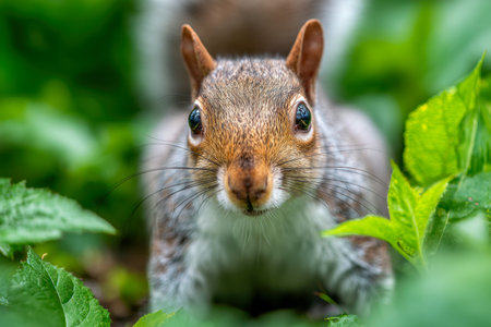 A lively squirrel gazes sharply through dense, emerald leaves, its fine whiskers and sparkling eyes capturing the essence of a sunny woodland afternoon.の写真素材