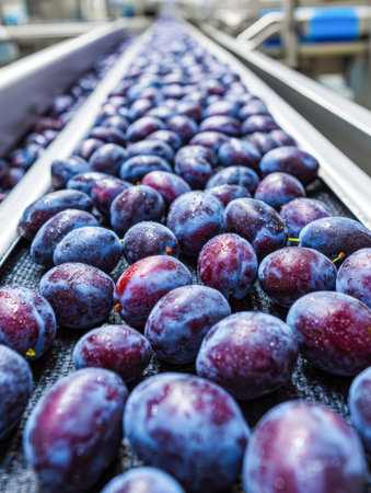 Vibrant plums glisten with water droplets as they move along a sleek conveyor system, showing precision packing in a contemporary fruit processing plant.の写真素材