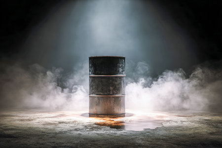 A weathered drum drips a sinister stream onto fractured concrete, shrouded in fog and lit by stark rays, evoking decay and neglect in an abandoned factory.の写真素材