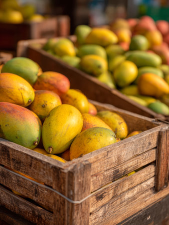 Bright sunlight illuminates plump, golden mangoes nestled in aged wood containers, their smooth skins contrasting with the rugged, textured crates in a lively marketの写真素材
