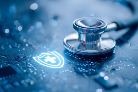 A futuristic scene combining medical instruments with digital infrastructure, highlighting secure health data with a luminous shield icon symbolizing safety and innoの写真素材