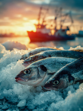 Close-up of gleaming fish resting on icy bed, with a soft-focus boat silhouette and golden sunset hues illuminating a bustling seaside dock.の写真素材