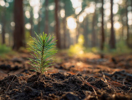 A delicate juvenile pine emerges from lush earth, bathed in gentle sunlight, with distant trees...
