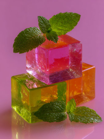 Brightly colored, see-through ice blocks are artfully arranged with lush mint sprigs, creating a...