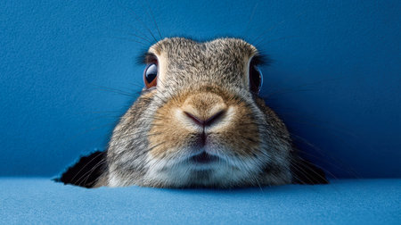A charming brown rabbit, eyes wide with wonder, peers through a tiny opening against a bold azure...
