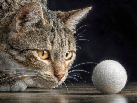 A ginger tabby with shimmering amber eyes fixates intently on a soft, white knitted sphere resting on a warm wooden tabletop, set against a moody, intimate backdrop.の写真素材