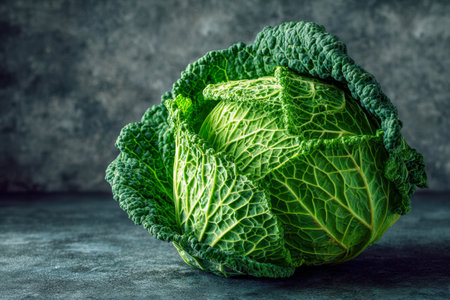 A vibrant green savoy cabbage with crinkled, textured leaves rests on a dark, weathered surface, emphasizing its fresh, crunchy quality perfect for wholesome recipesの写真素材