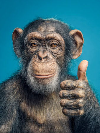 A youthful chimpanzee relaxes against a vibrant blue backdrop, calmly extending a thumb-up with an engaging expression that radiates confidence and cheerfulness.の写真素材