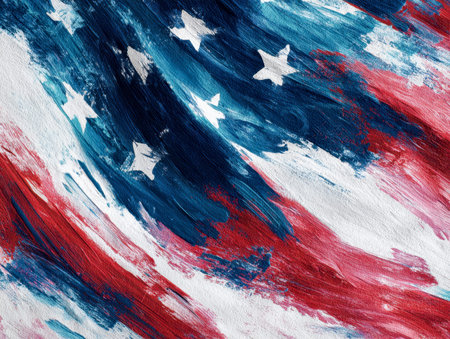Vibrant, expressive brushstrokes form a spirited national symbol, featuring bold reds, whites, and...