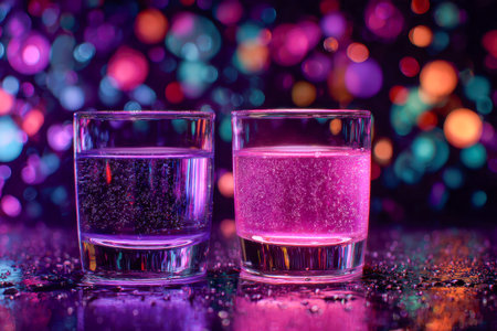 Bright, lively hues dance across the scene as shimmering glasses of sparkling water sit atop a reflective surface, illuminated by festive, multicolored bokeh.の写真素材
