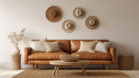 Warm, inviting space with a rich leather sofa complemented by earthy pillows, a rustic wooden table, wall-mounted straw hats, and textured woven accents creating acの写真素材