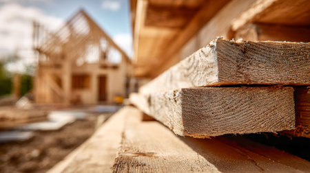 A detailed view of textured timber boards reveals the ongoing framing of a new home, set against a...