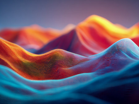 A dynamic, dreamlike scenery featuring lively, flowing ridges composed of multi-hued layered streaks that merge warm and cool colors into a captivating surreal compositionの写真素材