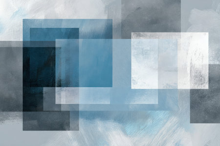 A layered arrangement of semi-transparent squares in cool blue and gray tones, forming a...