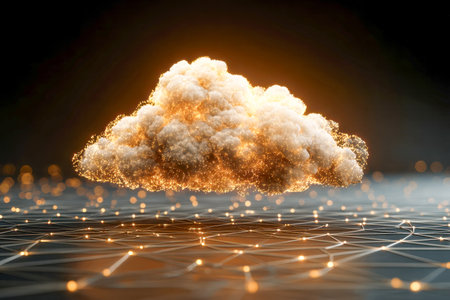 In a dark setting, an luminous, ethereal mass hovers over a complex web of illuminated digital lines, embodied advanced cloud infrastructure and data management.の写真素材