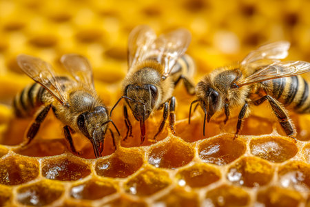 Golden sunlight illuminates a lively hive spectrum, where a trio of diligent insects collaborates amidst thriving wax chambers, transforming nectar into sweet honey.の写真素材
