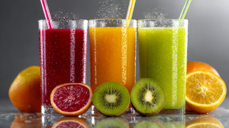 Vibrant chilled beverages gleam atop a sleek surface, complemented by inviting slices of citrus and kiwi, evoking refreshment and tropical zest.の写真素材