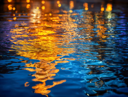 A vibrant night scene where luminous cityscape hues dance across the water's surface, forming lively, shimmering waves in shades of amber and cobalt.の写真素材
