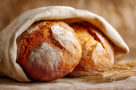 Warm, golden-brown bread loaves with a crunchy crust sit partially covered by a soft linen cloth,...